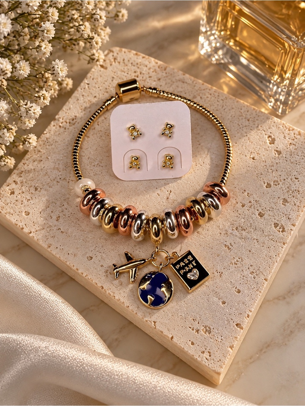Gold, Rose Gold & Silver Travel Charm Bracelet with Earrings